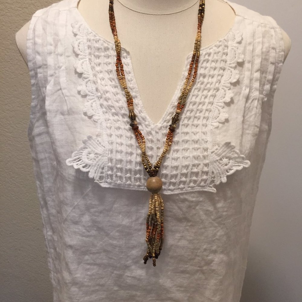 Long boho natural wood necklace with tassel